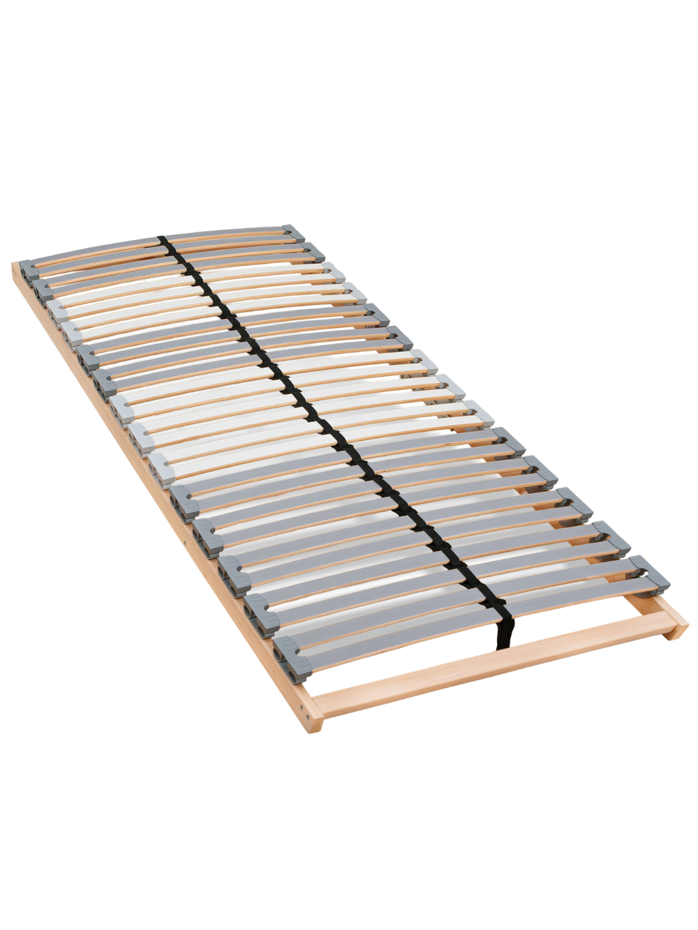 Lattenbodem 90 x 200 cm met verende houten latten en grijze kapjes op beukenhouten frame, schuin aanzicht
