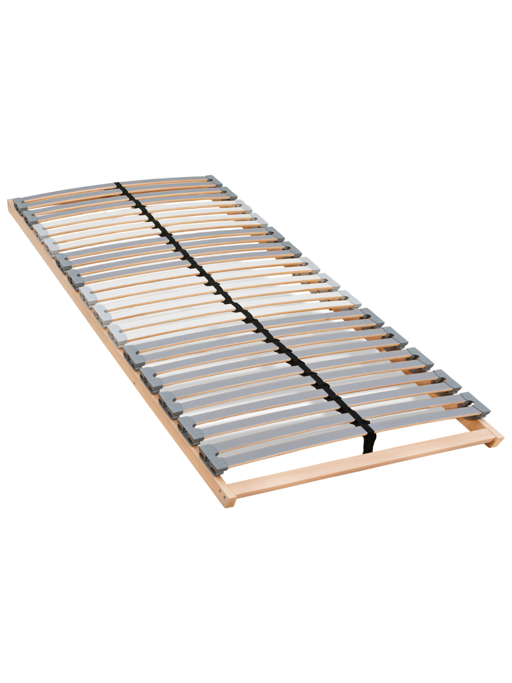 Lattenbodem 140 x 200 cm met verende houten latten en grijze kapjes op beukenhouten frame, schuin aanzicht