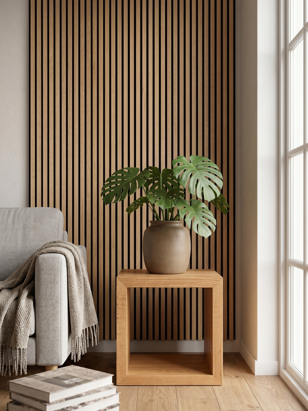 Muur met akoestische panelen van eiken in een woonkamer met grijze bank, bijzettafel en monstera