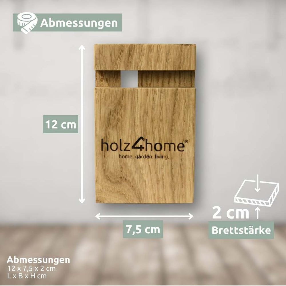Maattekening van de telefoonhouder van eikenhout met 12 cm hoogte, 7,5 cm breedte en 2 cm plankdikte