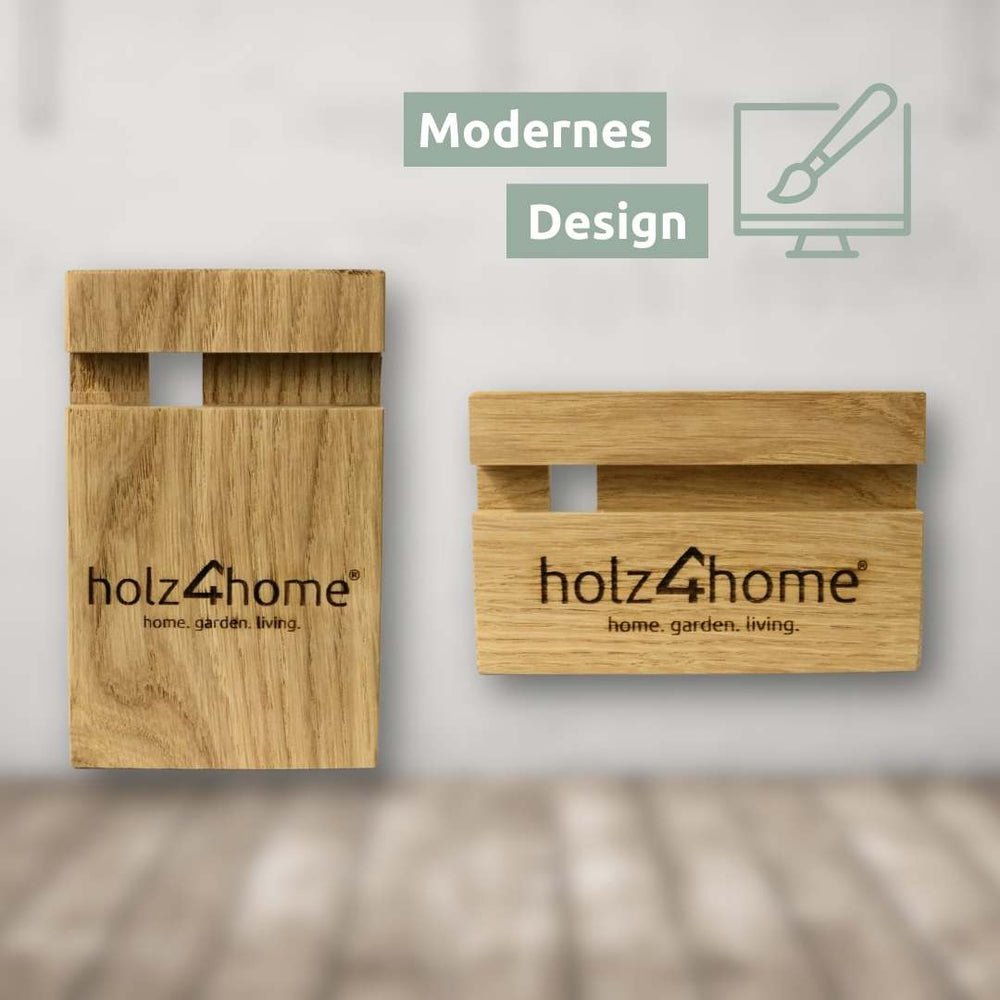 Telefoonhouder van eikenhout in voor- en zijaanzicht met holz4home-logo tegen een lichte achtergrond