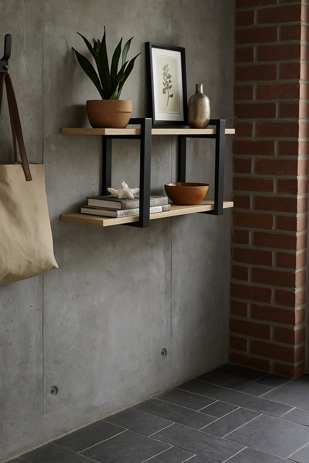 Wandrek van Sonoma eiken met zwart frame aan een betonnen muur, gedecoreerd met plant en schaal