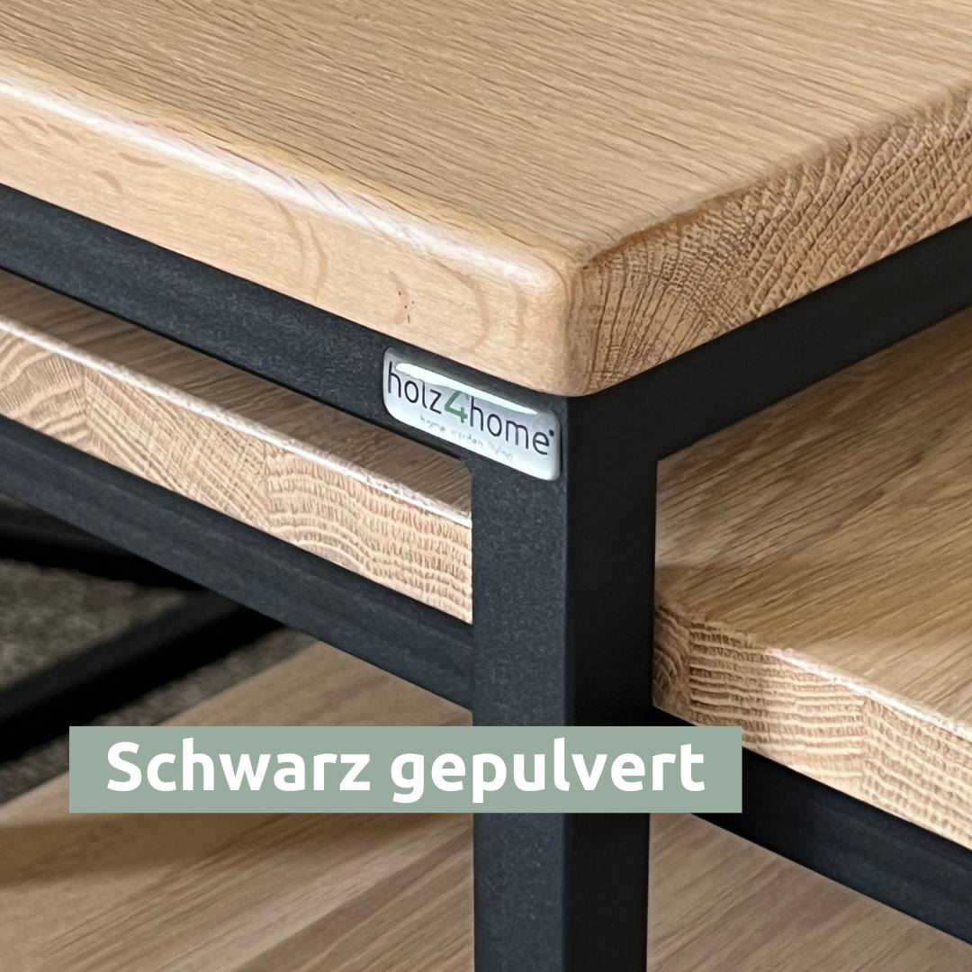 Zwart poedergecoat onderstel van de in elkaar geschoven eiken salontafels