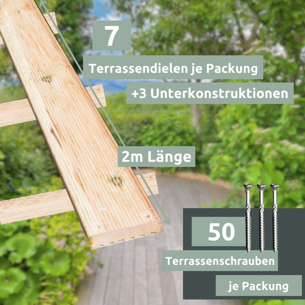 Terrasplank van lariks met informatie over zeven planken, drie onderconstructies en 2 meter lengte per pak