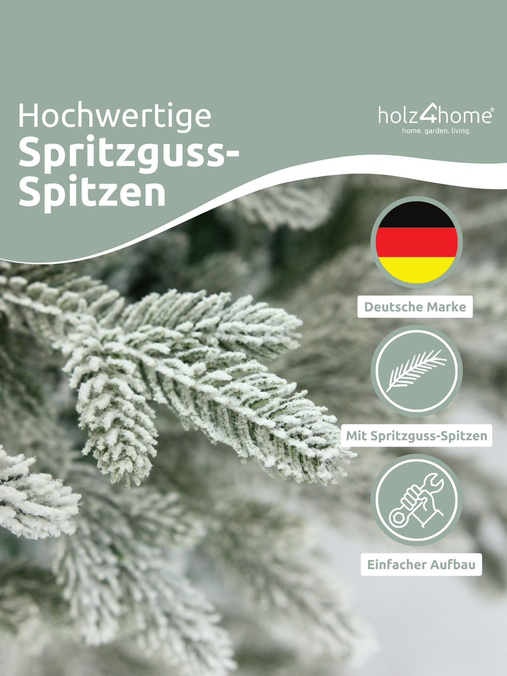 Infographic over de hoogwaardige spuitgietpunten van de besneeuwde kerstboom, Duits merk holz4home