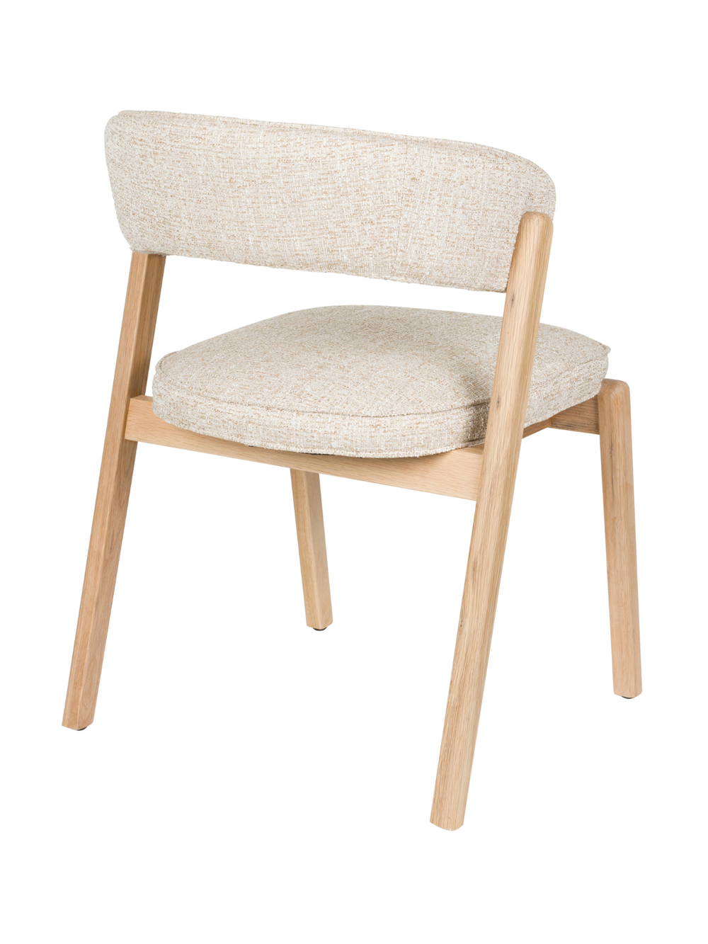 Achteraanzicht van de eetkamerstoel Bright in beige met gebogen bouclé-leuning en onderstel van eiken