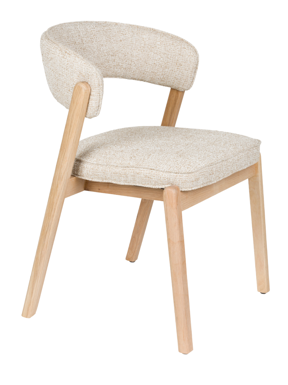 Eetkamerstoel Bright in beige met gebogen rugleuning van bouclé en onderstel van massief eiken