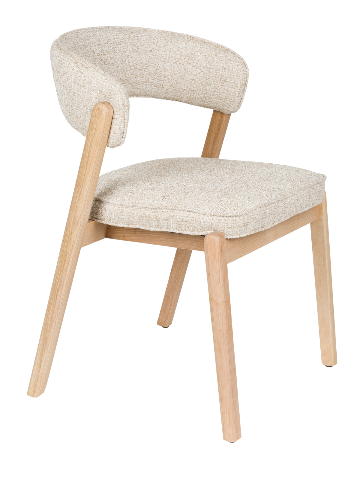 Eetkamerstoel Bright in beige met gebogen rugleuning van bouclé en onderstel van massief eiken