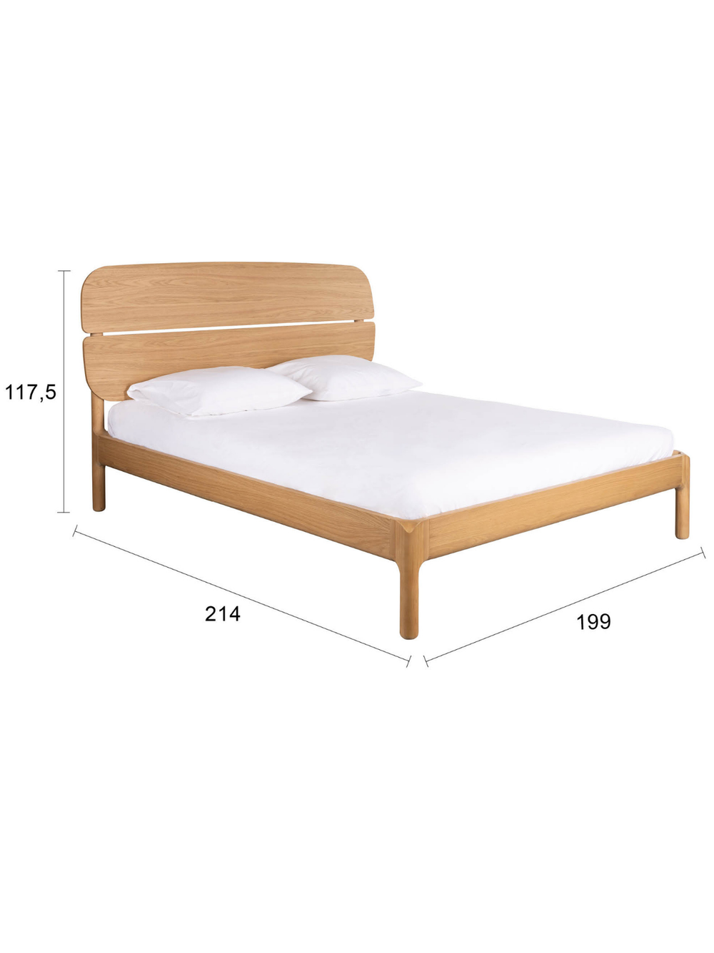 Maattekening van het bed van essenhout met 214 cm lengte, 199 cm breedte en 117,5 cm hoogte
