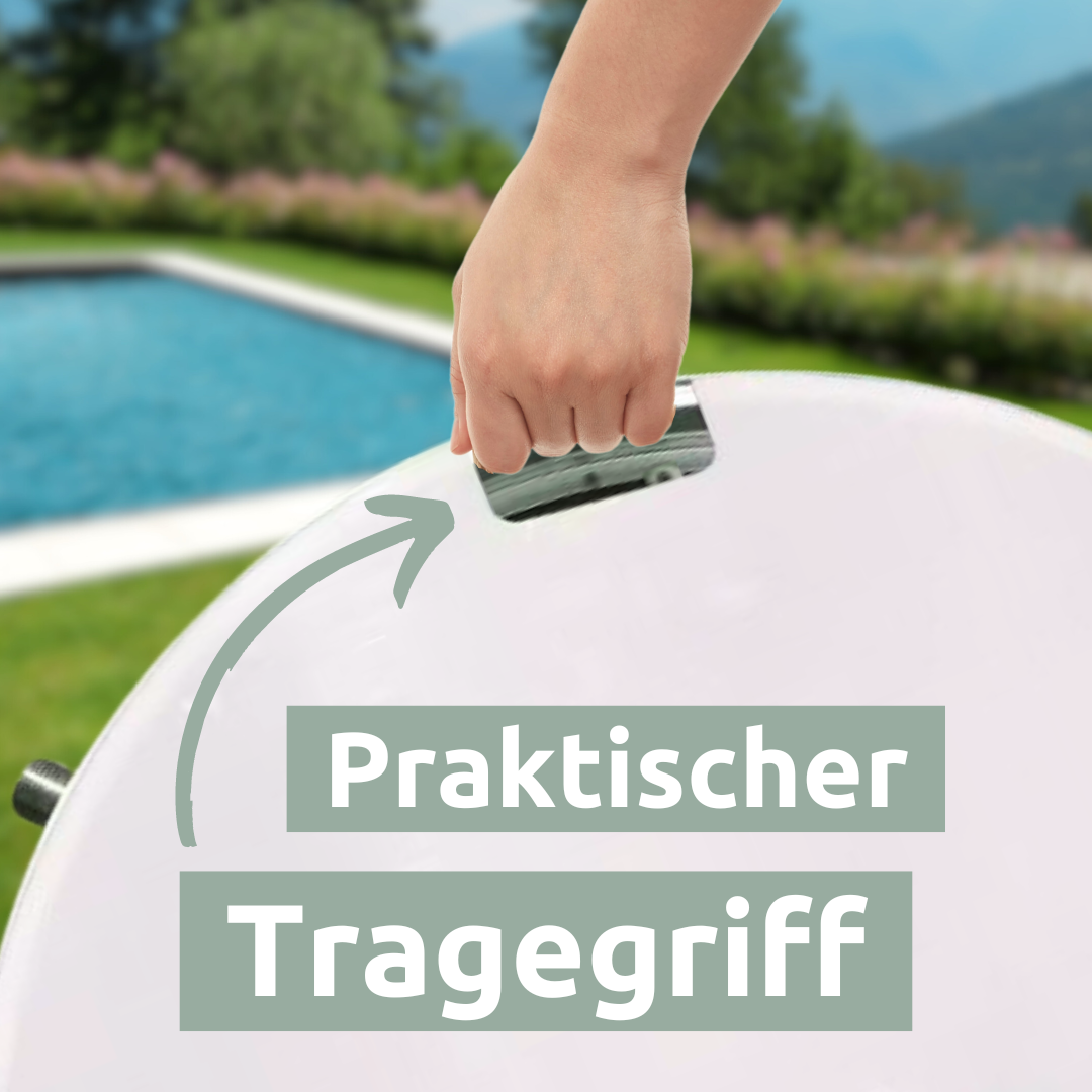 Hand draagt de ronde vloerdouche aan de praktische draaggreep, onderzijde met witte behuizing voor het zwembad