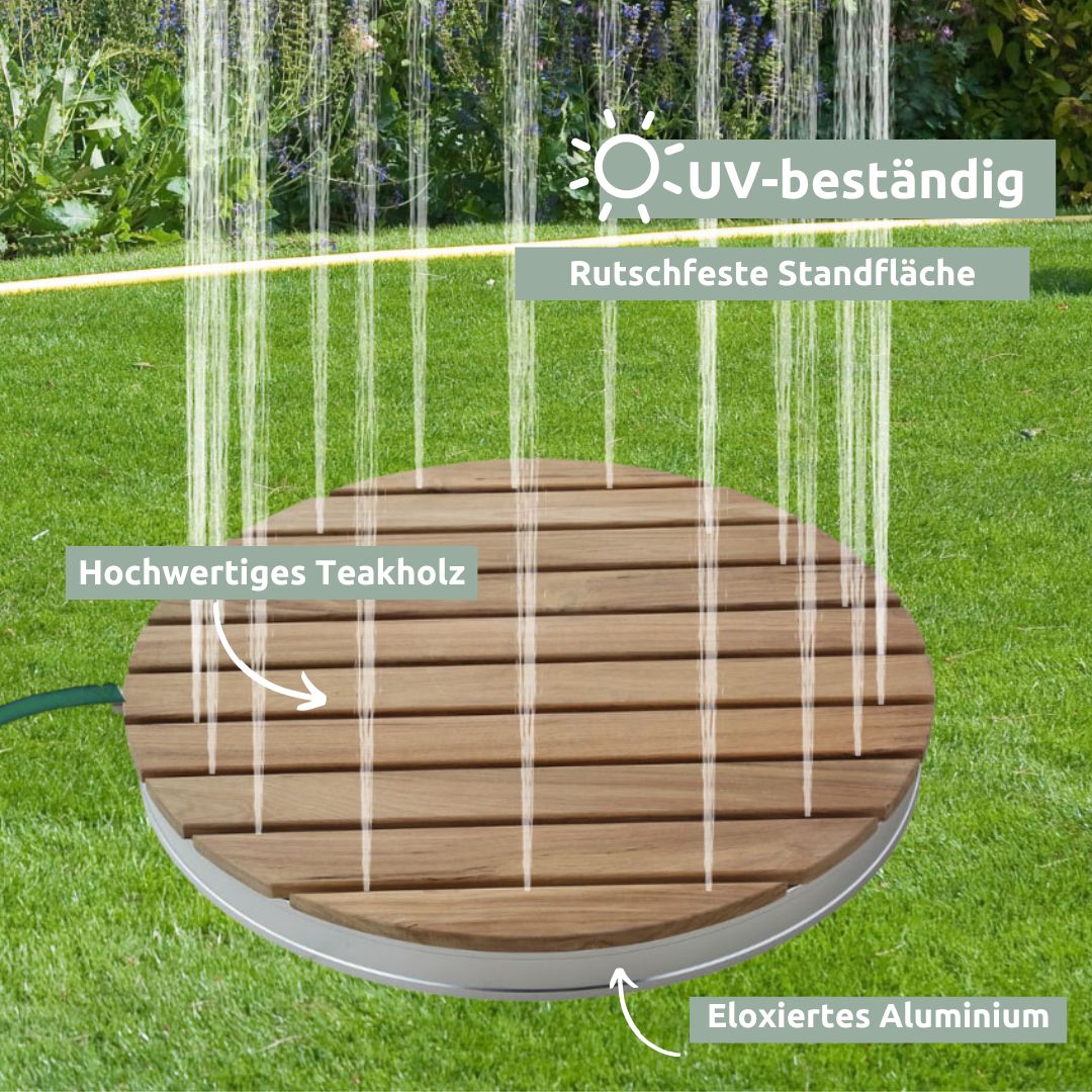 Ronde teakhouten vloerdouche met uv-bestendig teakhout en geanodiseerd aluminium, fonteinen op gazon