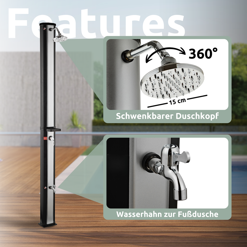 Kenmerken van de zonnedouche: zwenkbare 360°-douchekop van 15 cm en kraan voor de voetdouche