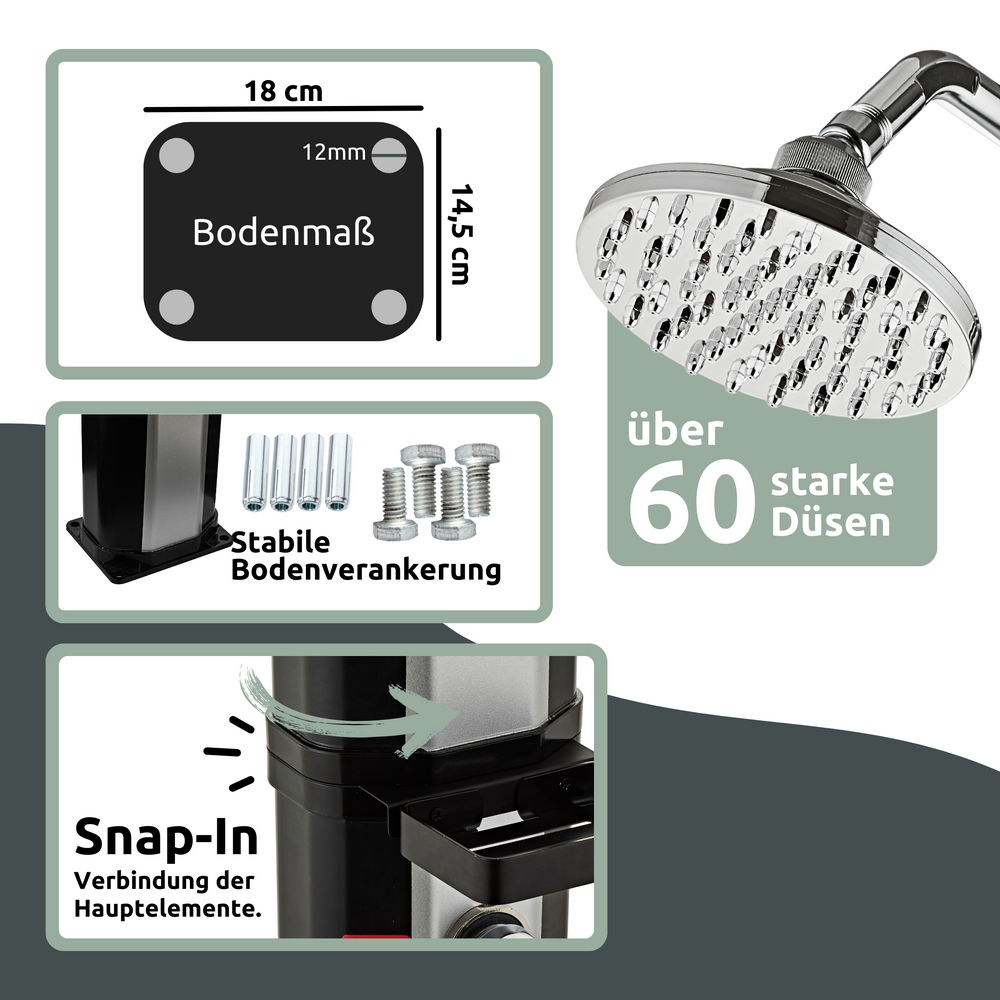Infographic zonnedouche: bodemmaat 18 x 14,5 cm, bodemverankering en douchekop met meer dan 60 sproeiers