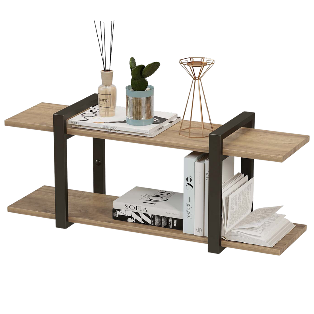 Wandrek van eikenhout in lichte natuurtint met decoratie en boeken, vrijstaand