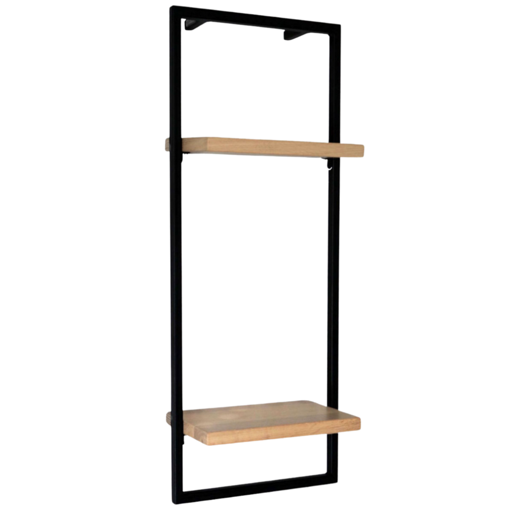 Wandrek High van eiken naturel met zwart metalen frame en twee rechte legborden, vrijstaand