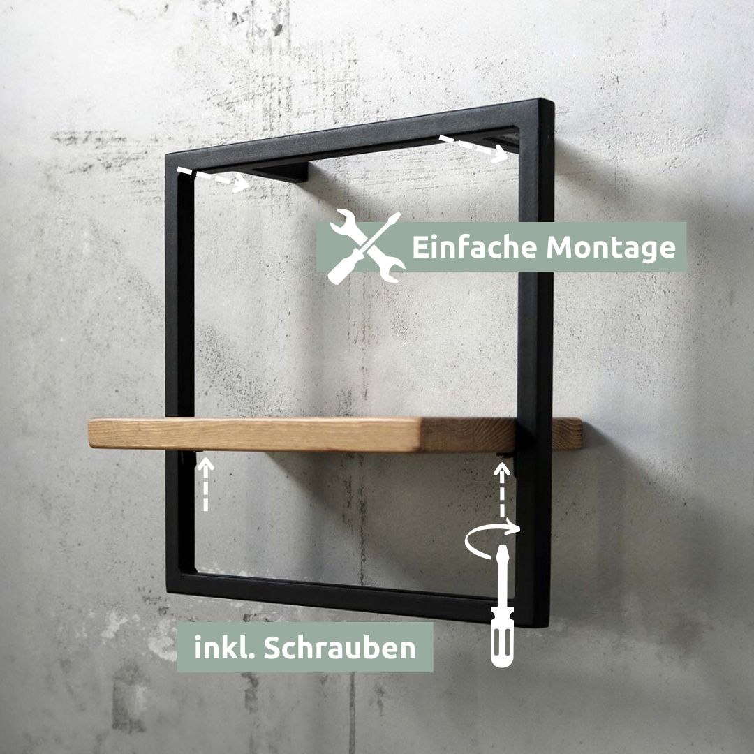Montagegrafiek voor het wandrek Small: plank wordt in het zwarte frame vastgeschroefd, schroeven inbegrepen
