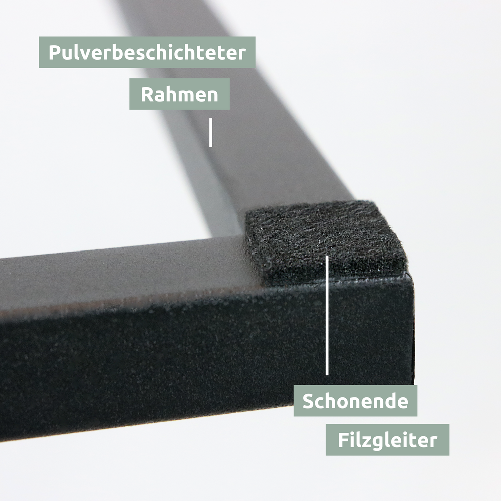 Detail van het poedergecoate frame met beschermende viltglijder aan de bijzettafel