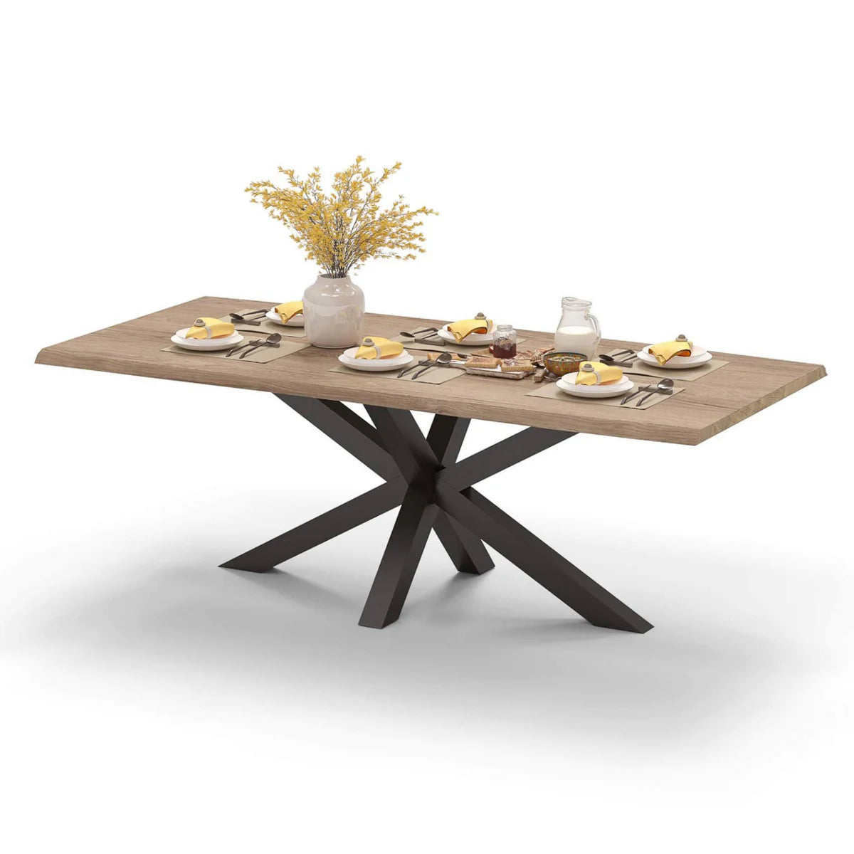 Gedekte eikenhouten tafel met boomstamrand op zwart spinpotenonderstel met bloemenvaas