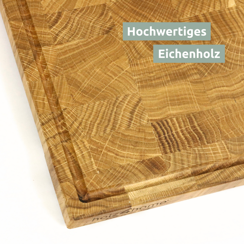 Hoekdetail van de eikenhouten kopshoutplank met sapgroef en hoogwaardige nerf, close-up