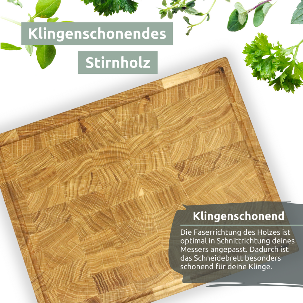 Infografiek mesvriendelijke kopshouten snijplank van eikenhout, gedecoreerd met verse kruiden