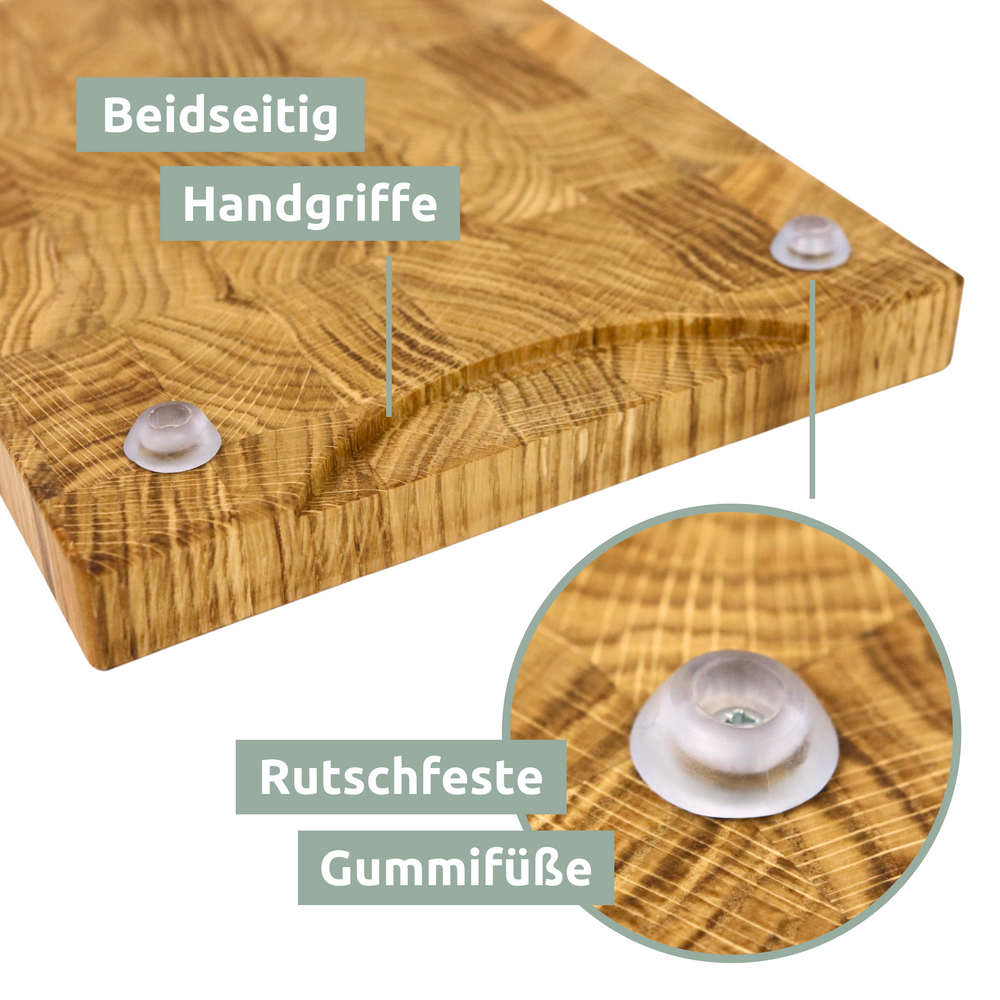 Eikenhouten snijplank met handgrepen aan beide zijden en antislip rubberen voetjes