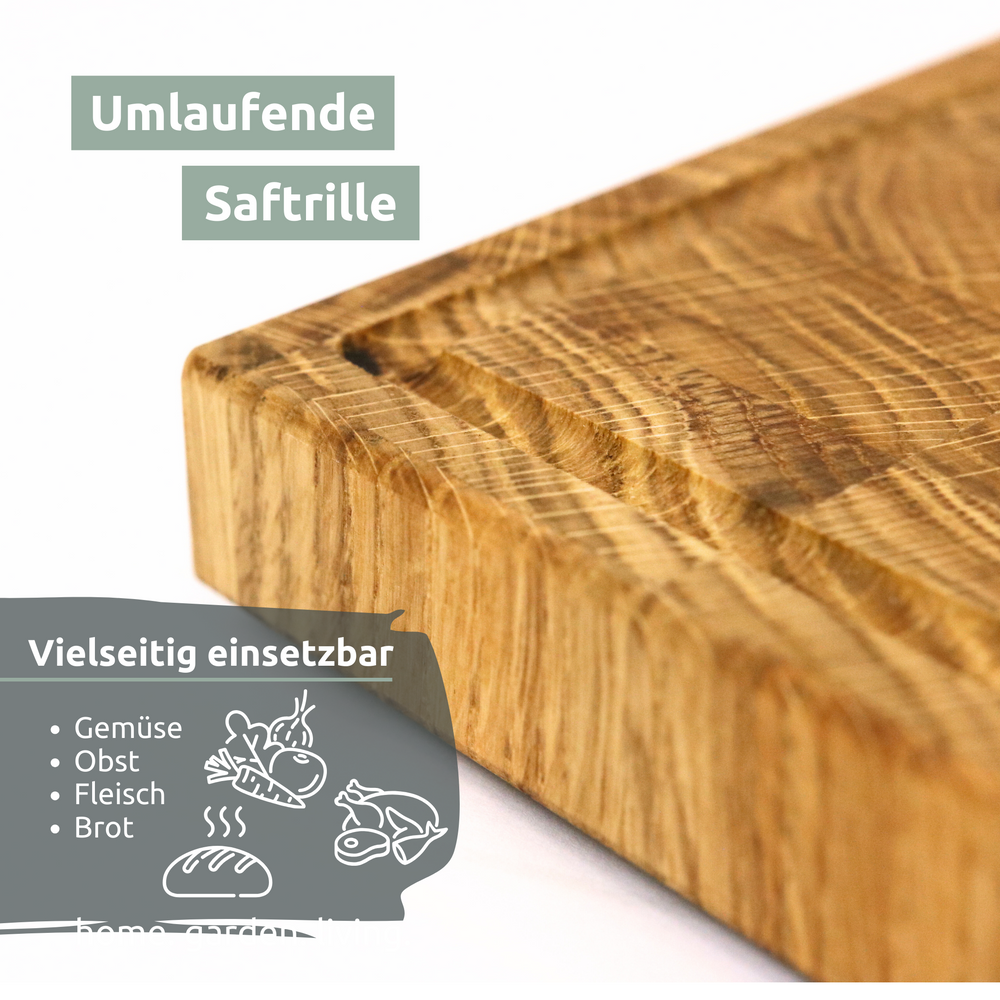 Omlopende sapgroef aan de rand van de kopshouten snijplank van eikenhout, detail