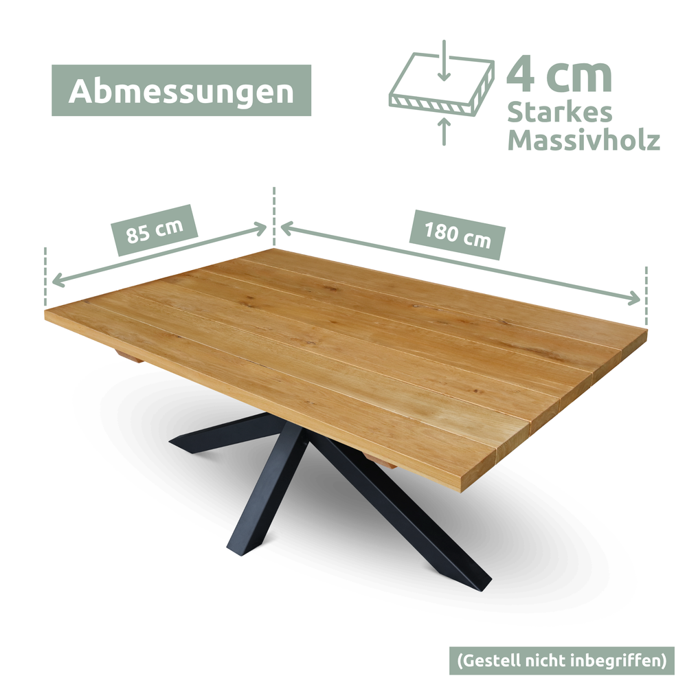 Maattekening van het eiken tafelblad, 180 cm lang, 85 cm breed en 4 cm dik, zonder onderstel