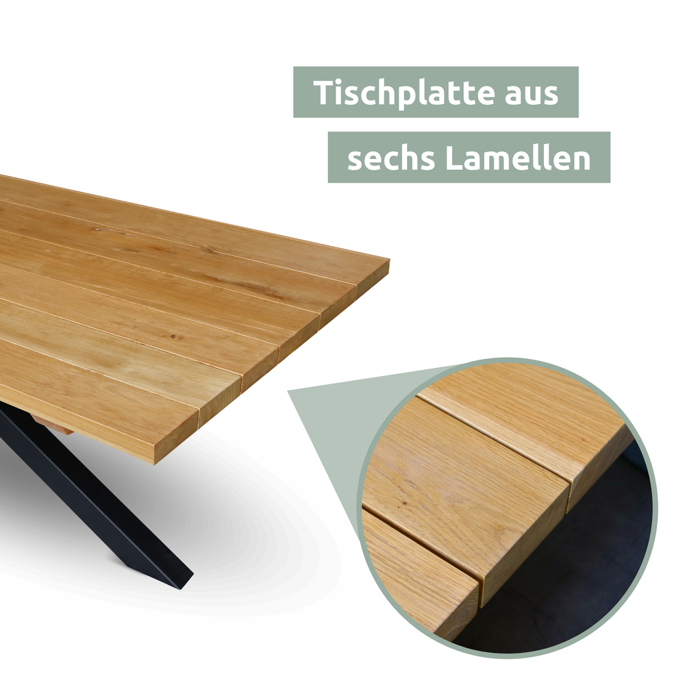 Eiken tafelblad met zes lamellen en detailweergave van de rechte rand, voor buiten