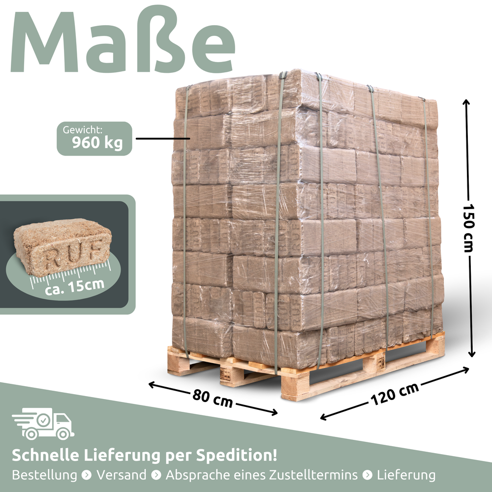 Afmetingen van de RUF houtbrikettenpallet: 960 kg, 80 x 120 cm grondoppervlak, 150 cm hoog