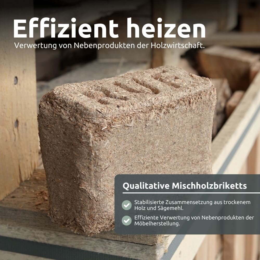 Los RUF mixhout-briket met RUF-reliëf op een houtstapel in de schuur