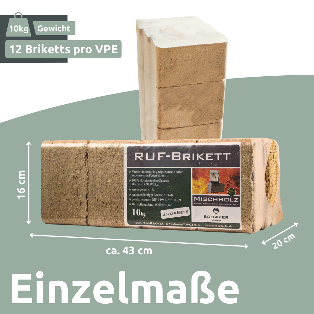 RUF-brikettenpakket met 10 kg en 12 briketten, individuele afmetingen ca. 43 x 20 x 16 cm