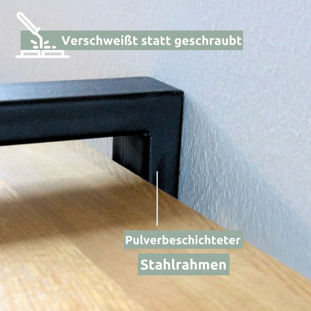 Detail van het gelaste, poedergecoate zwarte stalen frame van het eikenhouten wandrek