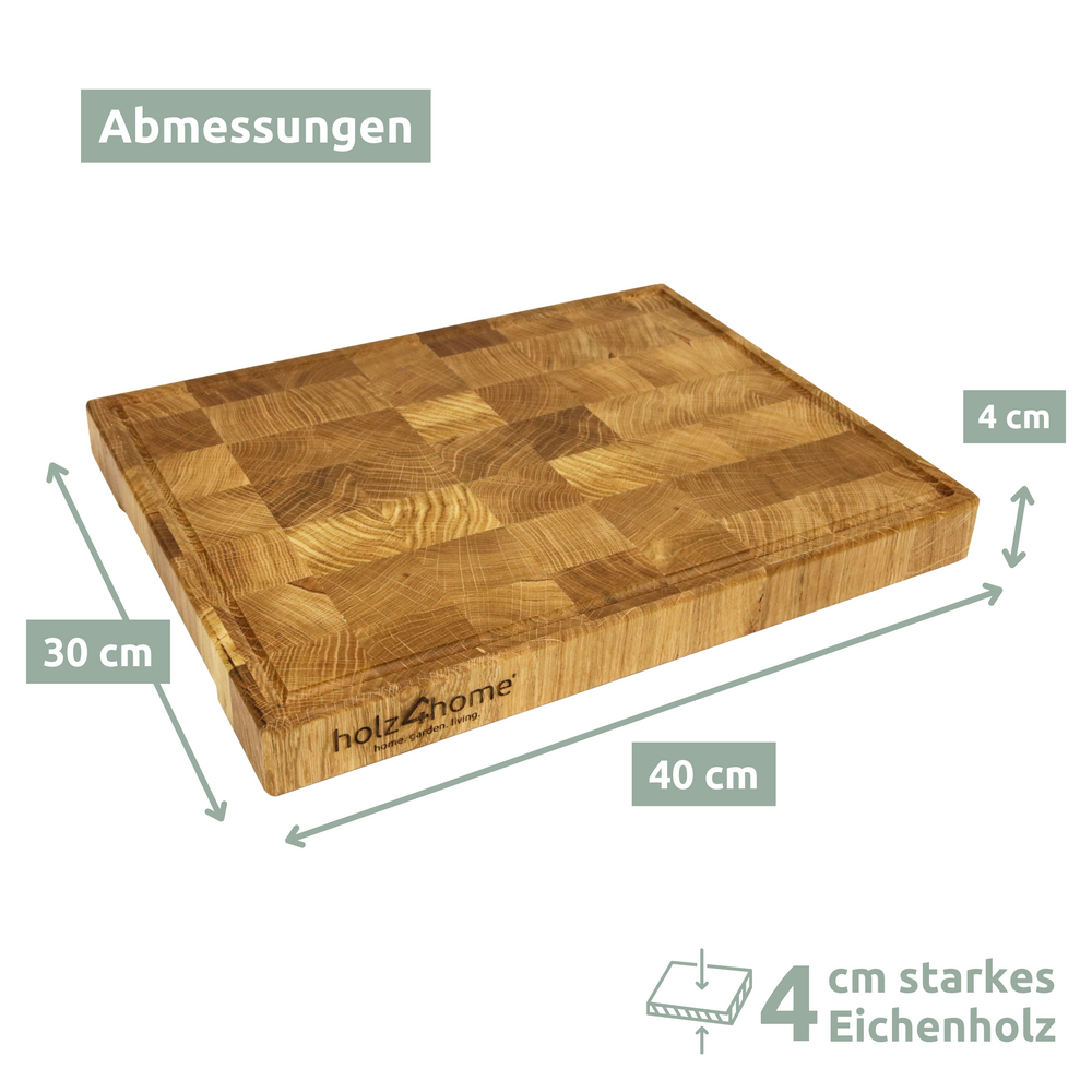Maattekening snijplank eiken, 40 x 30 cm, 4 cm dik kopshout