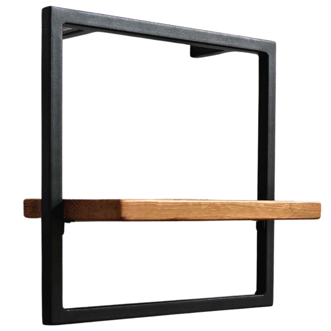 Wandrek Small in industriële stijl, middenin geplaatste plank van eikenhout in stevig bruin in het zwarte frame