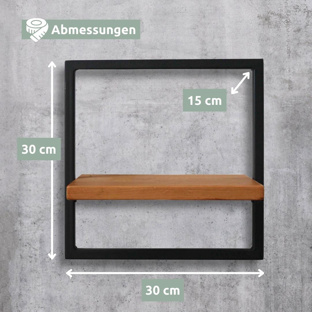 Maattekening wandrek Small met bruine plank van eikenhout: 30 cm breed, 30 cm hoog, 15 cm diep