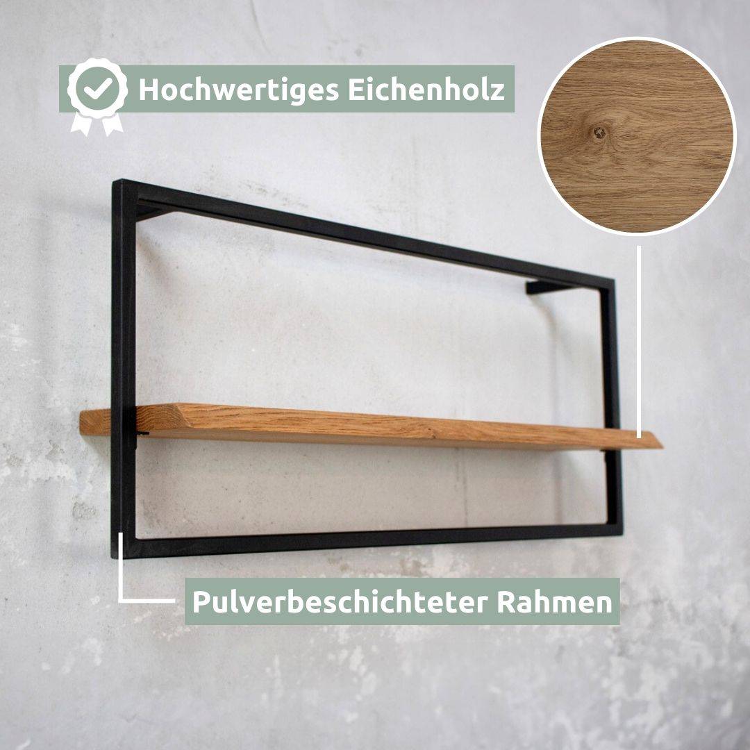 Eikenhouten plank naturel zonder boomstamrand in het zwarte frame van het wandrek long, materiaalweergave van rechts