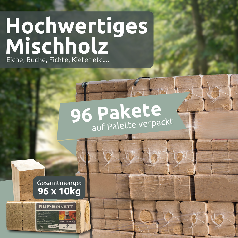 Hoogwaardig RUF mixhout, 96 pakketten van 10 kg verpakt op een pallet tegen een bosachtergrond