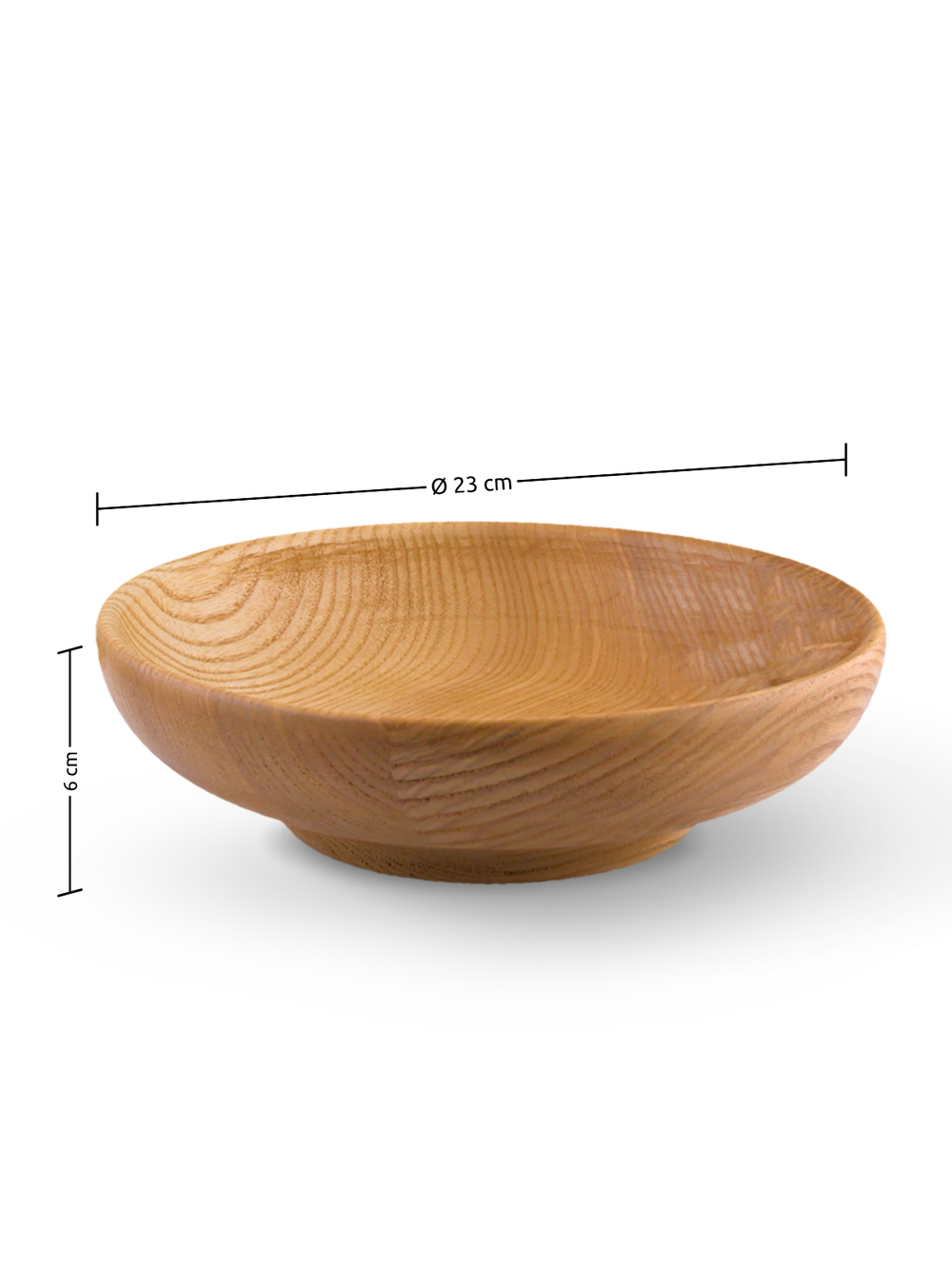 Maattekening van de houten schaal van essenhout, 23 cm diameter en 6 cm hoog, zijaanzicht