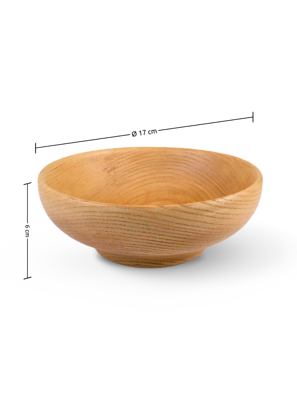 Maattekening van de houten schaal van essenhout, 17 cm diameter en 6 cm hoog, zijaanzicht