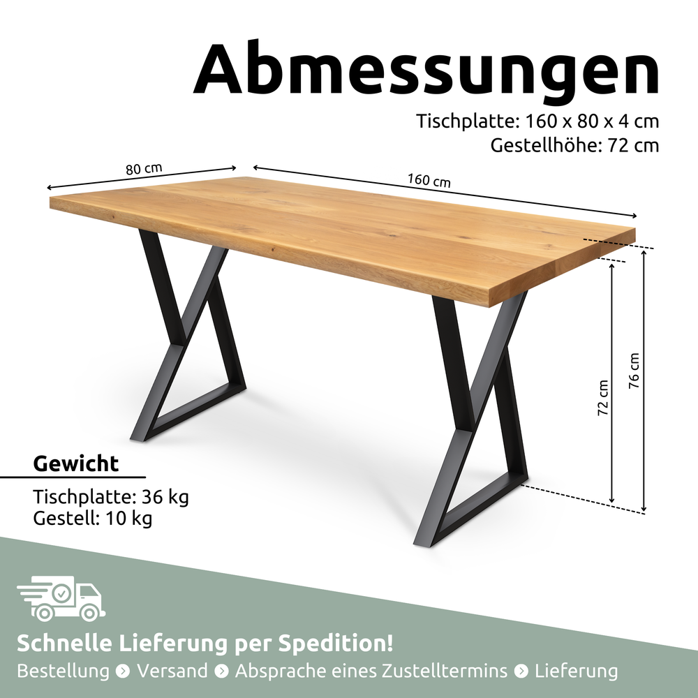Maattekening eikentafel rechte rand, blad 160 x 80 x 4 cm, dubbel driehoek-onderstel, onderstelhoogte 72 cm