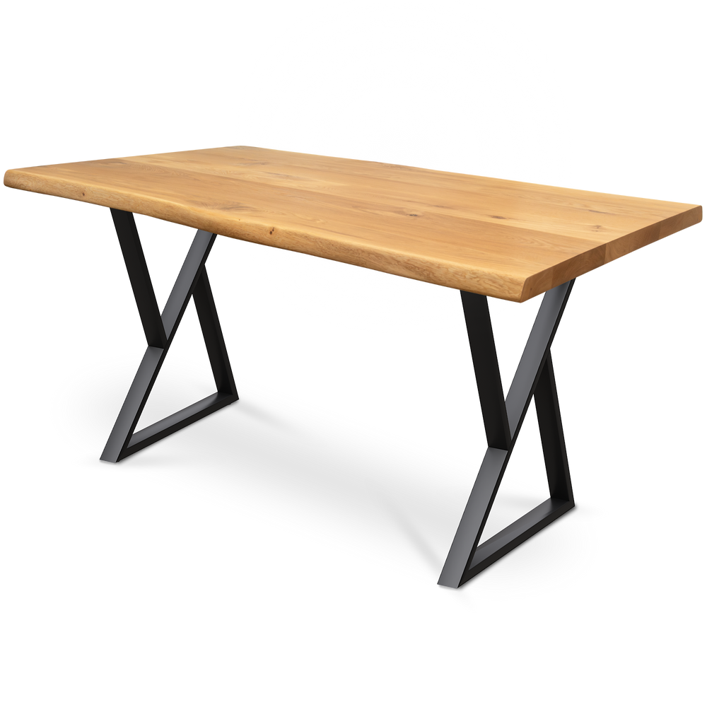 Massief houten tafel van eiken met boomstamrand, 160 x 80 cm, op zwart dubbel driehoek-onderstel
