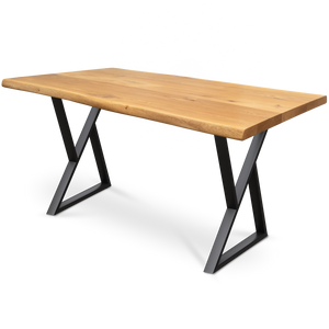 Massief houten tafel van eiken met boomstamrand, 160 x 80 cm, op zwart dubbel driehoek-onderstel