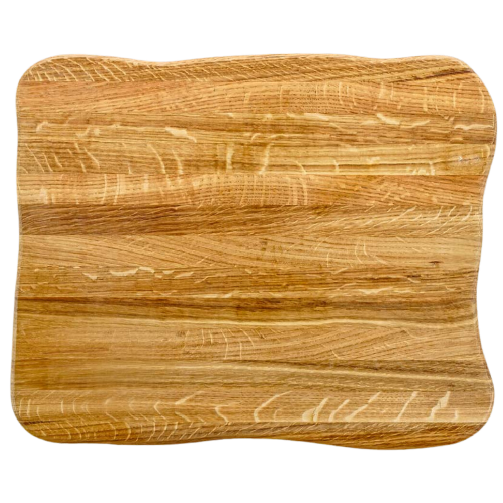La Madera snijplank Top van licht eikenhout met levendige nerf en golvende rand, bovenaanzicht
