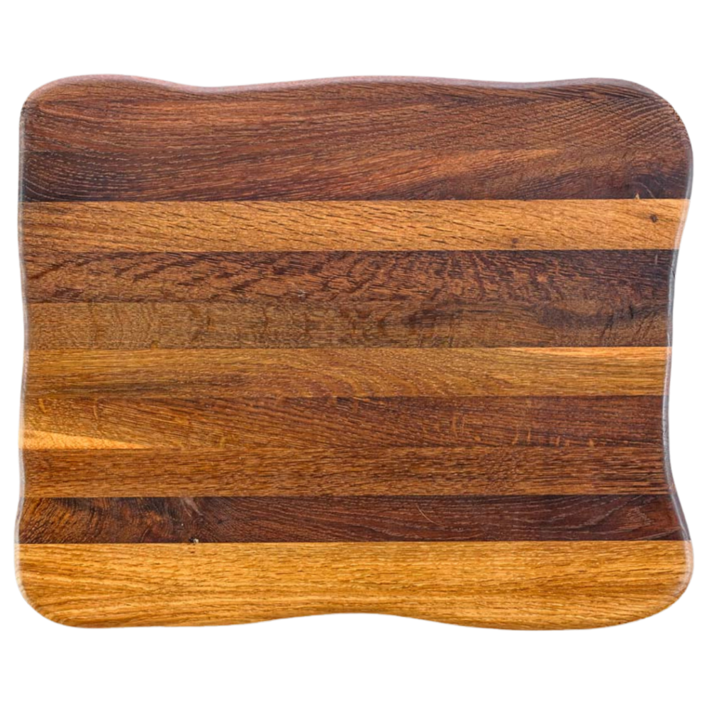 La Madera snijplank Top van eikenhout, donker gestreepte nerf met golvende boomstamrand, bovenaanzicht