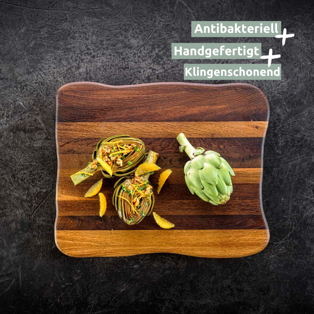 Donkere La Madera snijplank Top van eikenhout met artisjokken, met vermelding antibacterieel en handgemaakt