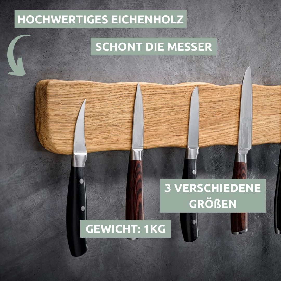 Messenstrip La Madera van licht eikenhout, 50 cm, met vijf messen van verschillende groottes