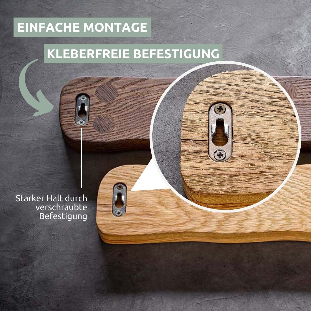 Montagedetail van de eikenhouten messenstrip, groene pijl toont lijmvrije schroefbevestiging