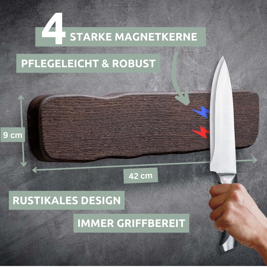 Maattekening messenstrip La Madera donker eiken, 42 cm lang en 9 cm hoog, vier magneten