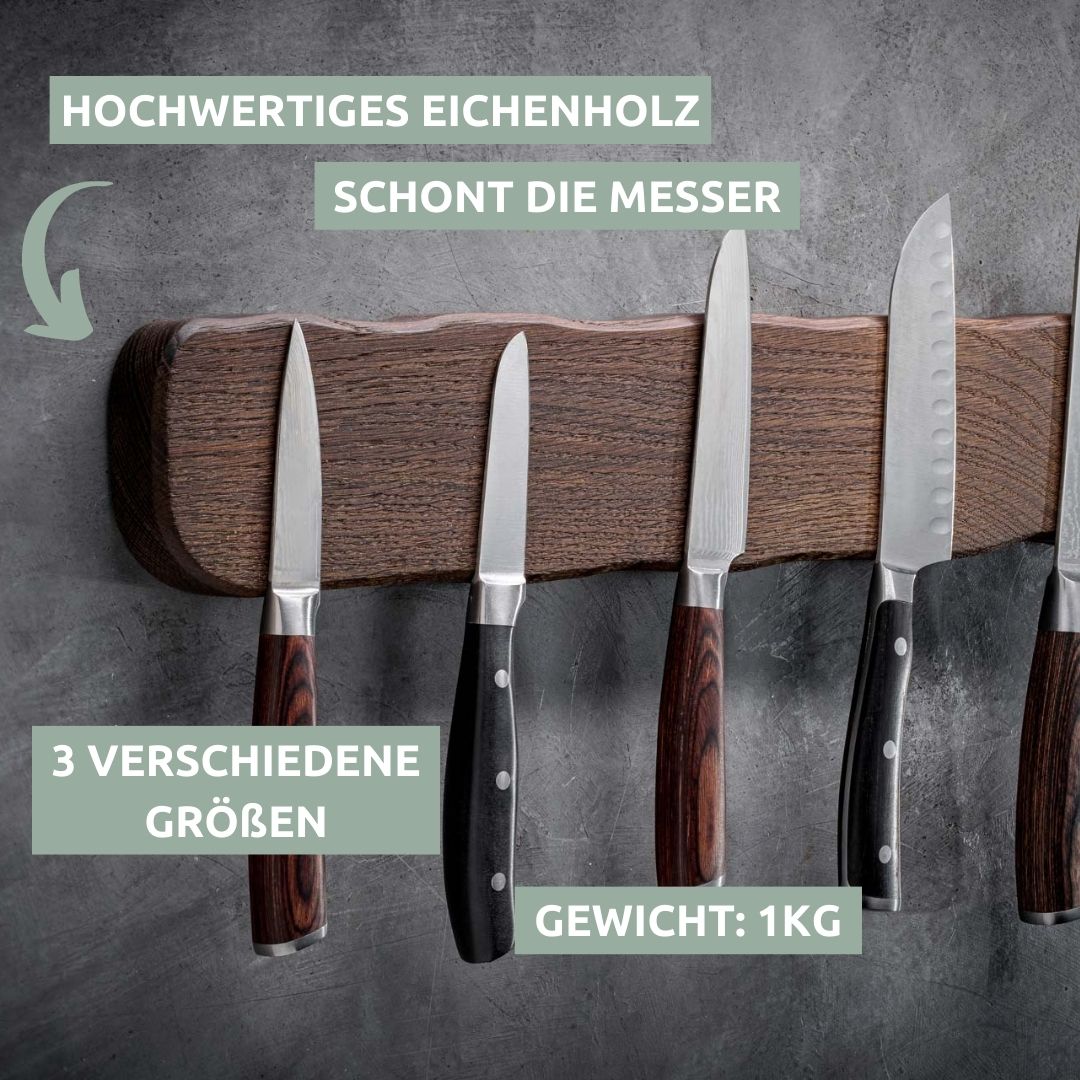 Messenstrip La Madera van donker eikenhout, 50 cm, met vijf messen van verschillende groottes