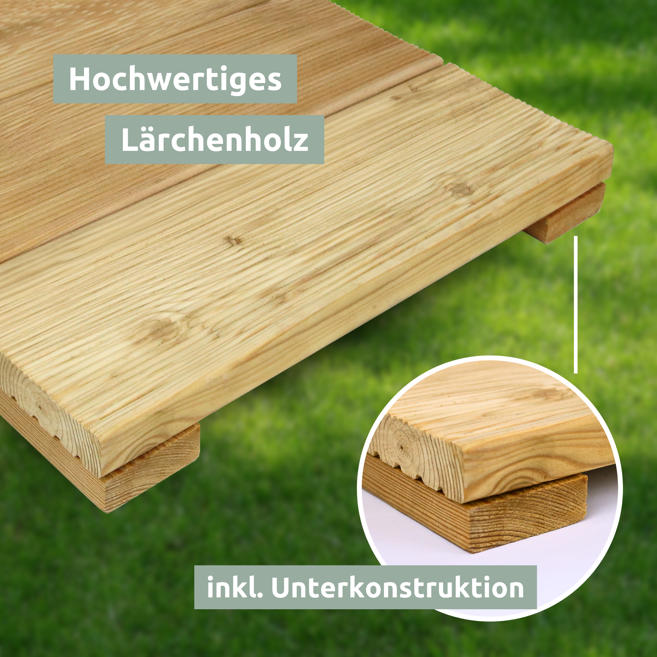 Houten tegel van lariks in de 57,2-cm-variant op gazon, materiaalweergave met onderconstructie